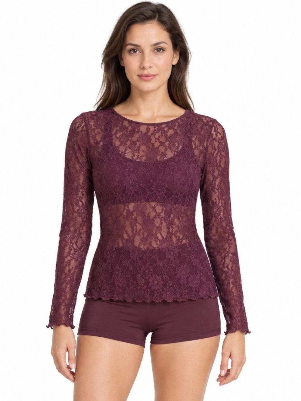 Hanky Panky Plum Floral Lace Long Sleeve Sheer Top Size Medium Made in USA